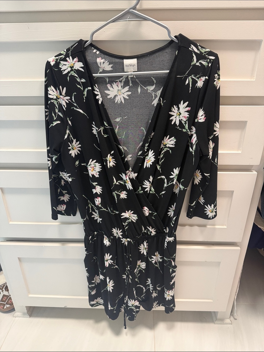 Kaileigh Black Floral Surplice Mini Shorts Romper